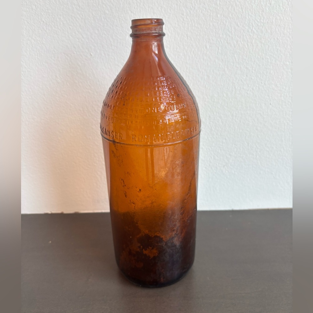 Vintage Antique Roman Bleach Bottle Brown Glass Roman Cleanser